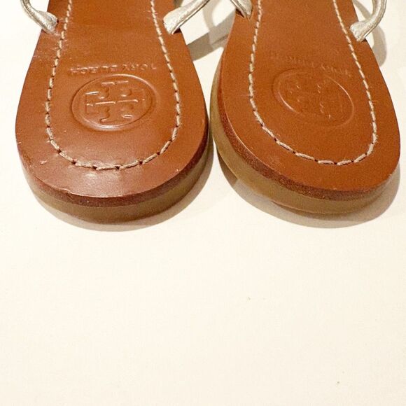 Tory Burch Terra Leather Flip Flop Silver Size 7.5 Vacation Travel - Picture 5 of 7